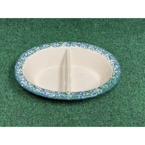 Gerald Henn Workshops Spongeware Oval Divided Dish GREEN & BLUE Stoneware - Picture 1 of 9